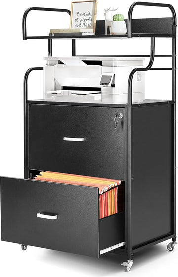 Vertical File Cabinet, 2 Drawer Mobile Filing Cabinet with 1 Bookshelf, Printer Stand with Open Storage Shelves Fits A4/Letter/Legal Size File Cabinets for Home Office Organizer, Black