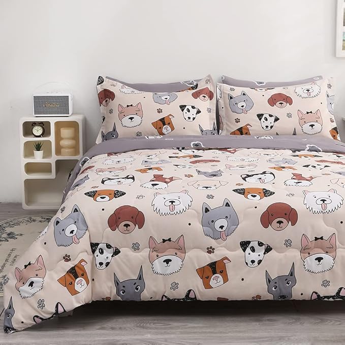 7 Piece Kids Dog Comforter Full Size Cute Animal Dog Bedding Set Bed in A Bag for Boys Girls All Season (1 Comforter, 1 Flat Sheet, 1 Fitted Sheet, 2 Pillowcase and 2 Pillow Sham)