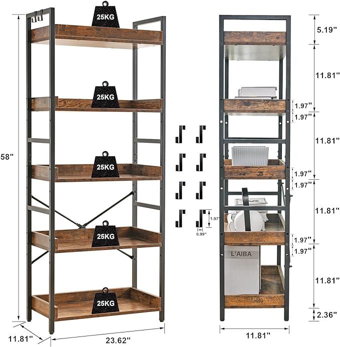 HCHQHS Adjustable 5 Tier Open Bookcase, Rustic Farmhouse Book Shelves, Industrial Wood and Black Metal Bookshelves, Mid Century Bookcase for Home Office Living Room Bedroom