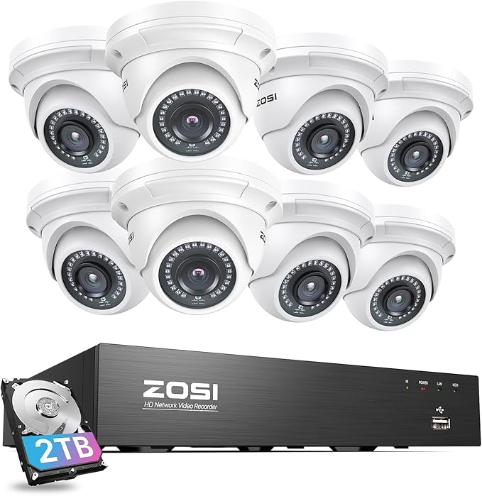 ZOSI 4K PoE Security Camera System with 2TB Hard Drive, 8 Ports 16CH 8MP NVR Recorder, 8pcs 3K 5MP Outdoor Indoor Home PoE Dome Cameras, Night Vision, Motion Alert, Remote Access, for 24/7 Recording