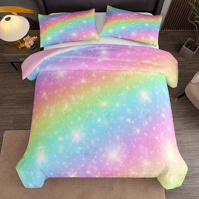 NINENINE Girls Bedding Twin Size 5PCS Rainbow Comforter Twin Size Bedding Sets for Girls Pink Comforter Set(1Comforter, 1Flat Sheet, 1Fitted Sheet, 2Pillowcases)…