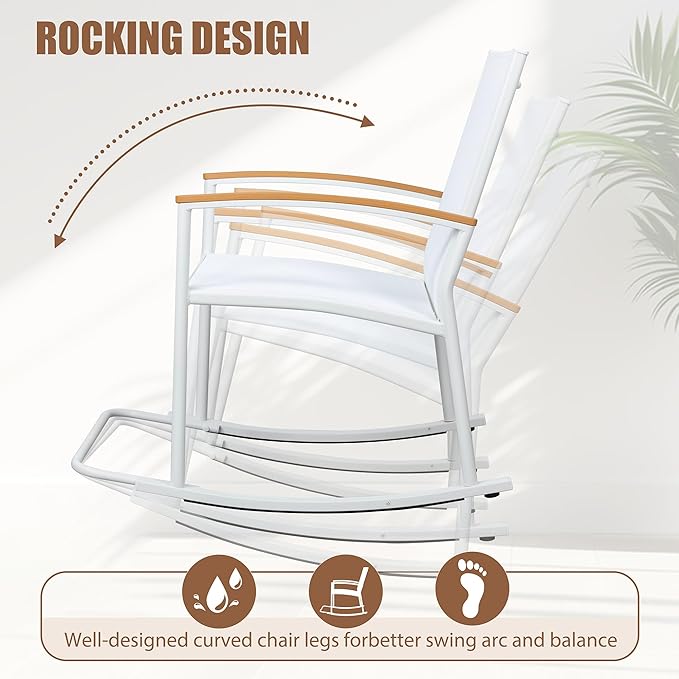Shintenchi 3 Piece Outdoor Rocking Bistro Set, Textilene Fabric Small Outdoor Furniture, Front Porch Rocker Chairs Conversation Set with Table for Lawn, Garden, Balcony, Poolside (White)