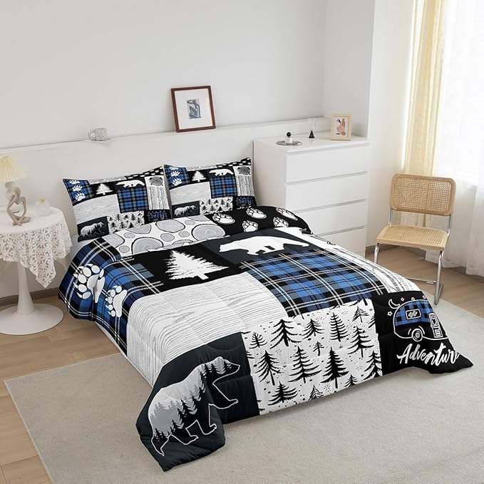 Bear Paws Comforter Set King Size,Pine Trees Geometric Plaids Patchwork Bedding Set for Kids Boys Girls Adults Room Decor,Hunting Adventure Down Comforter,Blue Rustic Duvet Insert,2 Pillowcases