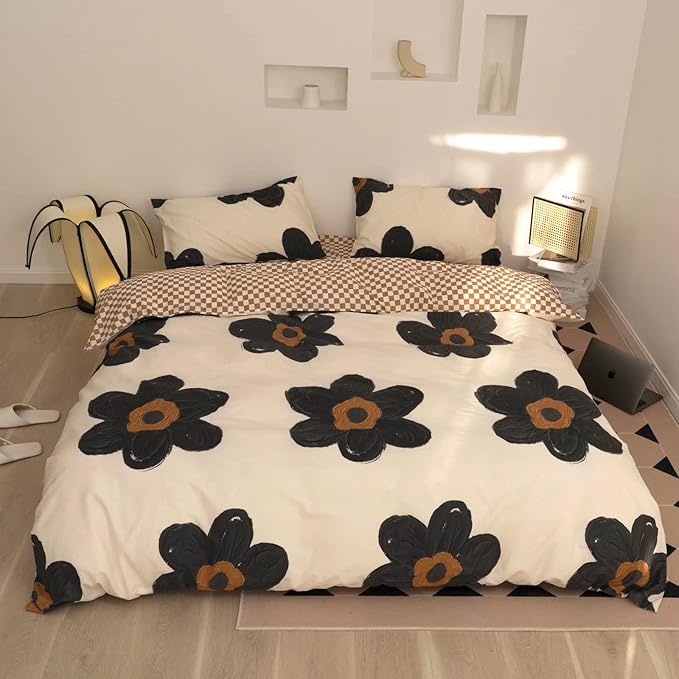 Black Floral Comforter Set Black and White Bedding Full Comforter Set Hand-Drawn Flowers Cotton Women Modern Elegant Chic Quilts Blankets Lightweight Black Flower Reversible Bed Comforter Set