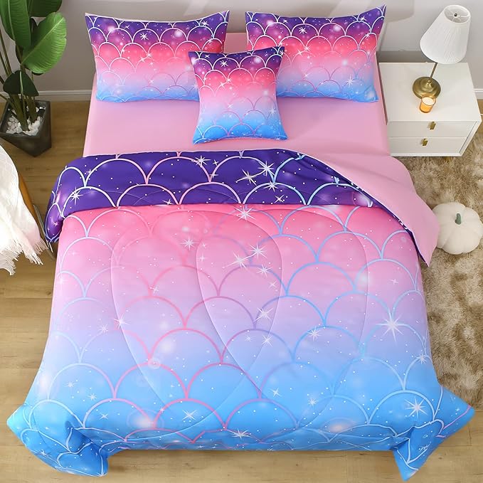 JQinHome Twin Size Mermaid Comforter Set, 6 Piece Bed in A Bag 3D Colorful Bedding Set for Girls kids (1 Comforter,2 Pillowcases,1 Flat Sheet,1 Fitted Sheet,1 Cushion Cover)(Pink Mermaid Scale)
