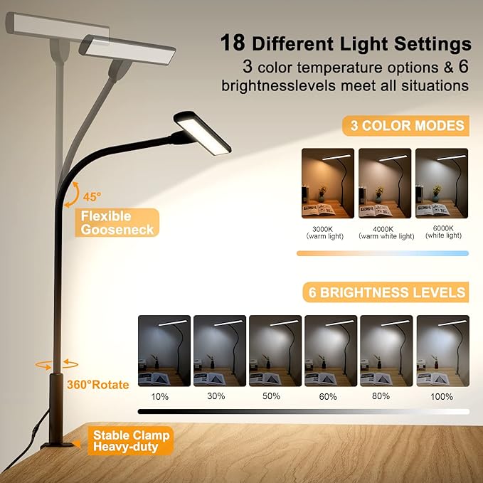 LED Desk Lamp Eye-Caring Architect Task Lamp, 18W LED 3 Modes 6 Brightness, Modern Desk Light for Home Office/Workbench/Monitor, Remote Control and Touch (Black)