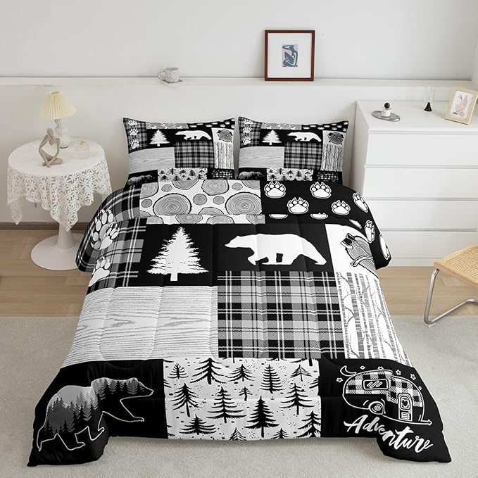 Bear Plaids Comforter Set King Size,Pine Trees Animals Hunting Bedding Set for Kids Boys Girls Adults Room Decor,Adventure Rustic Farmhouse Down Comforter,Black Retro Duvet Insert,2 Pillowcases