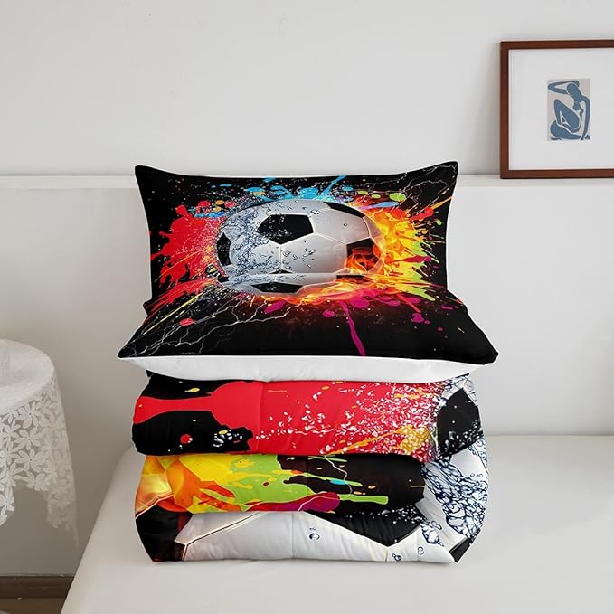 Kids Soccer King Size Comforter Set For Boys Football Sports Bedding Set Teen Colorful Grunge Hippie Tie Dye Quilt Comforter Red Blue Water Fire Lightning Duvet Insert Lightweight Bedroom Dorm Decor