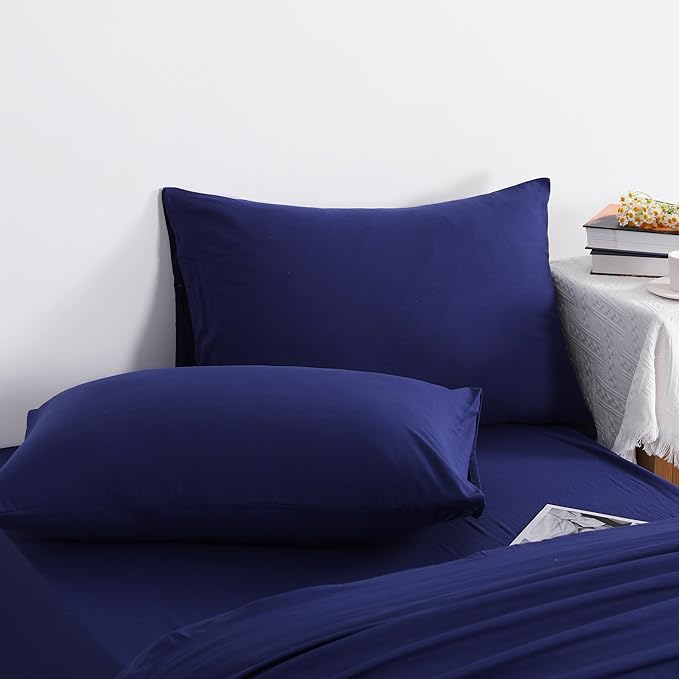 NTBAY Twin Comforter Set with Sheets, 5 Pieces Soft and Breathable Twin Bedding Set, Twin Bed in a Bag, Down Alternative Comforter Set Solid Color All Season, Kids Bedding Set, Navy Blue