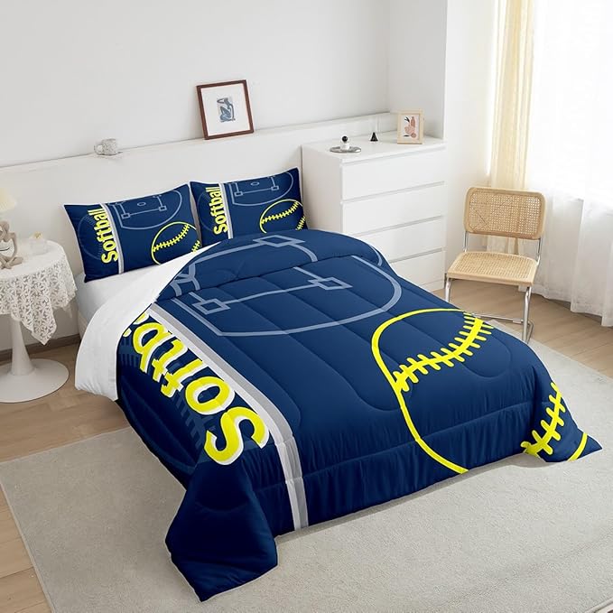 Feelyou Kids Softball Comforter Set Queen Size Sports Game Bedding Set for Boys Girls Teens Bedroom Decor Baseball Comforter Women Men Softball Gaming Duvet Set with 2 Pillow Case