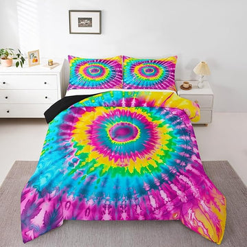 2 Piece Rainbow Tie Dye Comforter Set with 1 Pillowcase Boho Psychedelic Bedding Set for Kids Girls Teens Bohemian Gypsy Exotic Spiral Quilted Duvet Soft Comfy, Watercolor Art Down Comforter,Twin