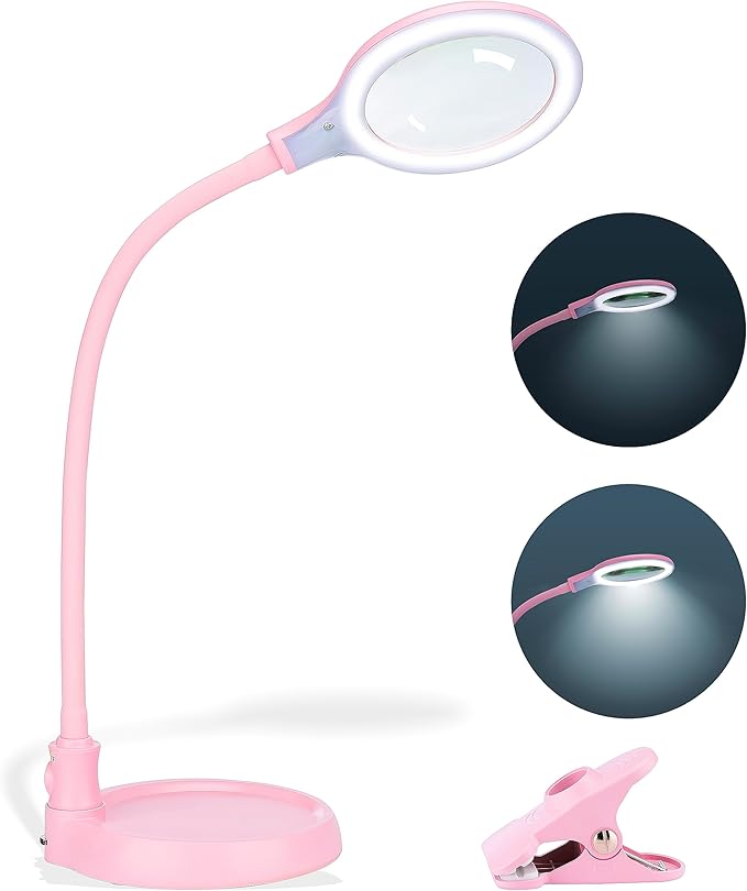 5X Magnifying Lamp，Lighted Magnifying Glass with Light and Stand Hands Free, Desk Magnifying Light, LED Magnifier Work Lamp for Women, Ladies, Kids Reading.