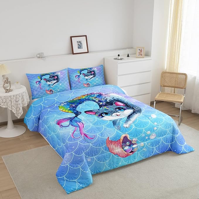 Rainbow Cartoon Cat Bed Sheet Set Colorful Mermaid Comforter Set for Kids Boys Girls Teens Room Decor Blue Mermaid Scales Bedding Set Set Ocean Gradient Bed Cover 3Pcs Full Size Boys