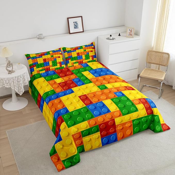 Feelyou Games Comforter Set King Building Blocks Bedding Set for Kids Boys Girls Colorful Geometric Toy Brick Comforter Gaming Nursery Quilt Duvet Set with 2 Pillowcase Boys