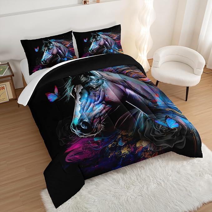 HOSIMA 3 Pieces Art Horse Comforter Set with 2 Pillowcases,Wildlife Horse Butterfly Black Comforter Boys Teens Aesthetic Room Decor,Animal Bedding Twin Bed in a Bag Sets for adults.