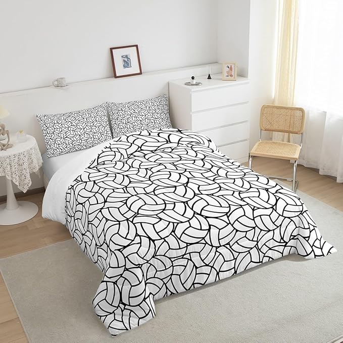 Feelyou Full Size Volleyball Bedding Set Boys Girls Sports Game Comforter Set for Kids Women Men Ultra Soft Volleyball Player Comforter Black White Duvet Set Room Decor Quilt Set