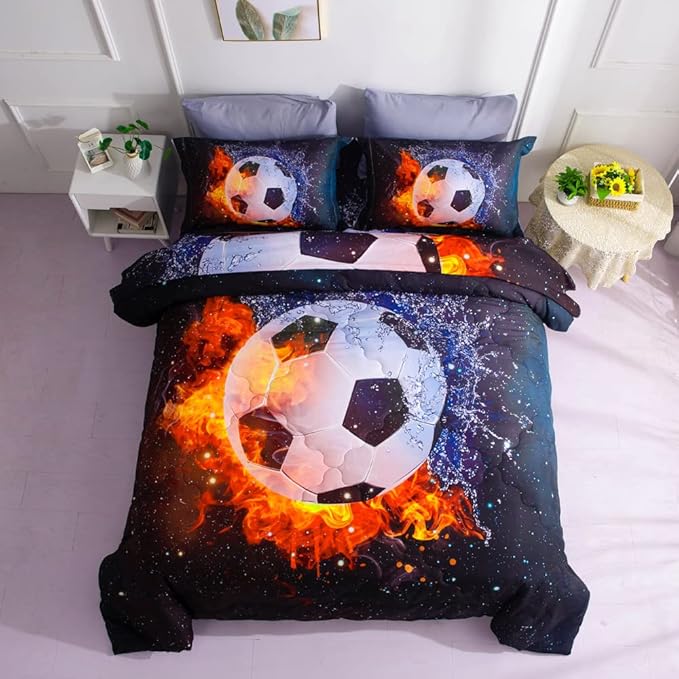 Wajade Football Soccer Comforter Set Bed in A Bag Full Size 3D Galaxy Soccer Ball Sports Bedding Set for Boys Kids (1 Comforter, 1 Flat Sheet, 1 Fitted Sheet, 2 Pillowcase and 2 Pillow Sham)