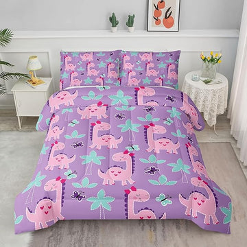 Axolotl Cute Dinosaur Comforter Set Queen Size,Girls Bedding Cartoon Dinosaur Bedding Set for Girls Teens Kids Boys Adults Room Decor,Kids Comforter Set All Season,1 Quilt 2 Pillow Cases,Purple