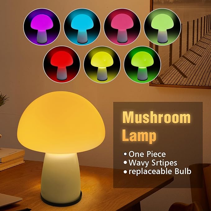 Milk White Mushroom lamp, Murano style retro design,Glass desk lamp with RGB 16 Color gradient dimmable LED bulbs, bedroom bedside bedside lamp, perfect home decoration.(LED Bulb Included)