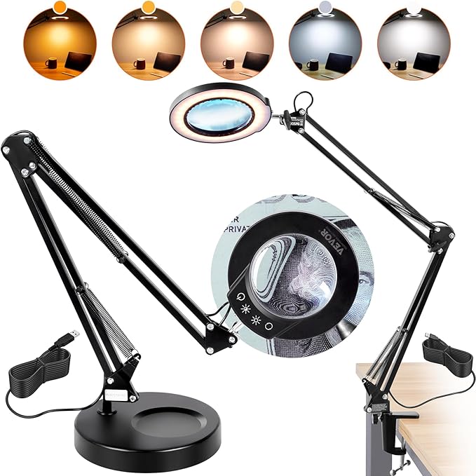 VEVOR Magnifying Glass with Light and Stand, 5X Magnifying Lamp, 4.3" Glass Lens, Base and Clamp 2-in-1 Desk Magnifier with Light, 64 LED Lights 5 Color Modes, for Close Work Reading Repair Crafts