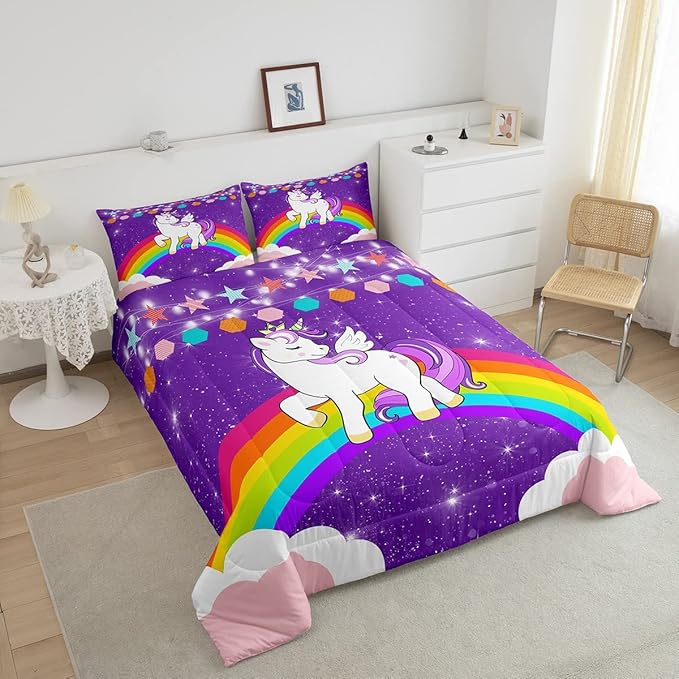 Unicorn Comforter Set Full Rainbow Bedding Set For Girls Children Purple Cute Unicorn Glitter Down Comforter Kids Cartoon Kawaii Warm Soft Duvet Set Galaxy Stars Fantasy Bedroom Decor 2 Pillow Cases