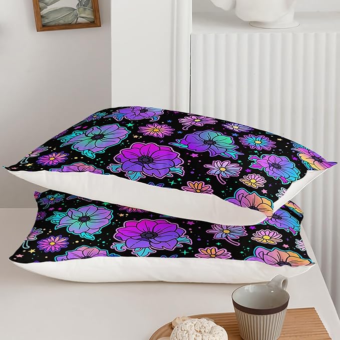 Axolotl Neon Floral Bedding Set Full,Gradient Floral Comforter Set for Girls,Colorful Flower Bedding Set Stars,Galaxy Series Comforter for Kids Boys Girls Teens Adults,1 Quilt 2 Pillowcases,Black