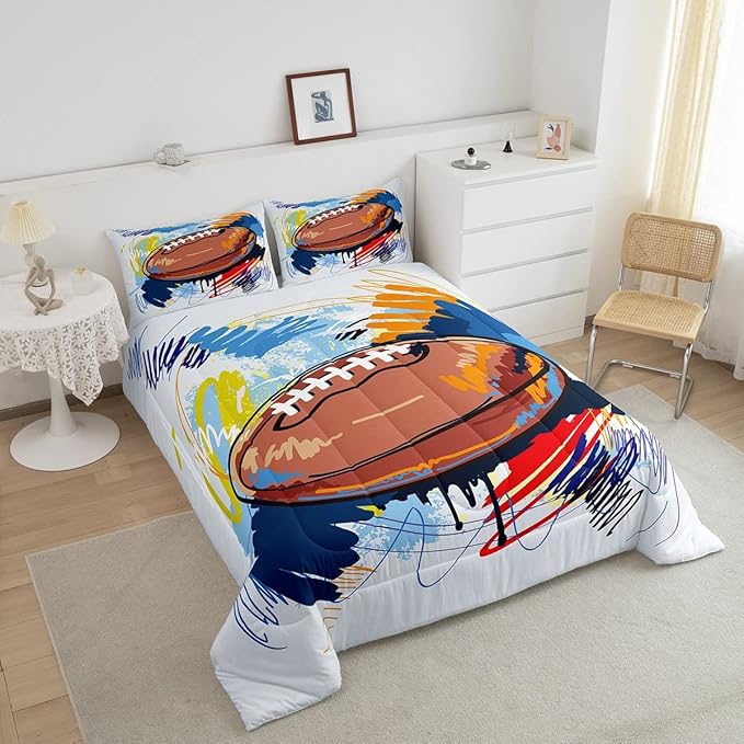 Boys Football Comforter Set Full Kids Teen Sports Bedding Set Bedroom Decor,Watercolor Tie Dye Hand Drawn Graffiti Football Bedding Comforter Sets Rugby Quilt Duvet 2 Pillow Cases Colorful Brown