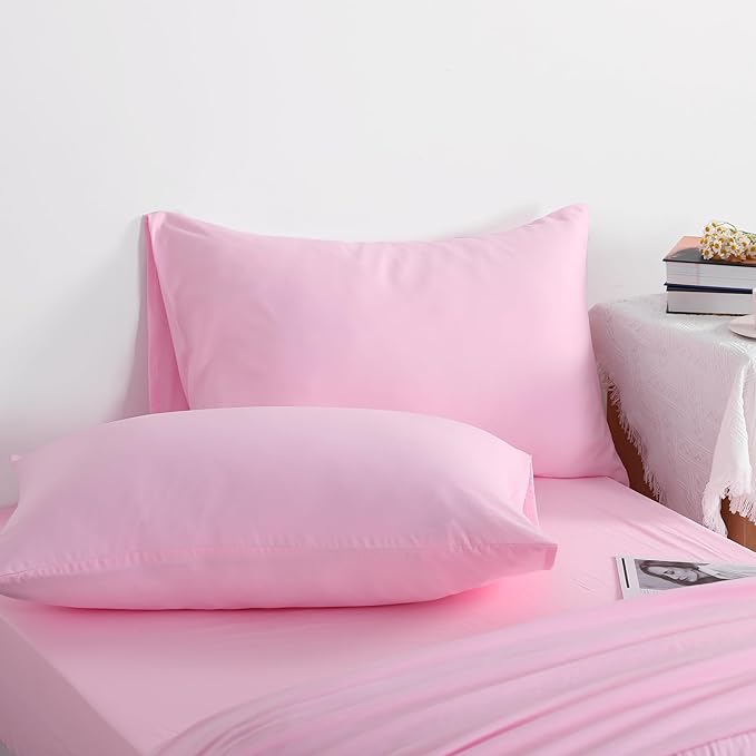 NTBAY Twin Comforter Set with Sheets, 5 Pieces Soft and Breathable Twin Bedding Set, Twin Bed in a Bag, Down Alternative Comforter Set Solid Color All Season, Kids Bedding Set, Pink