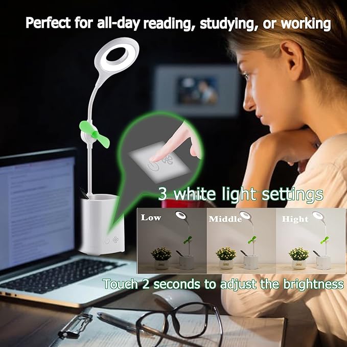 Led Desk Lamps, Small Cute Desk Lamp with 3 Lighting Modes, Modern Desk Ring Night Light with Pen Holder and Green Mini Fan for Home Office Bedroom