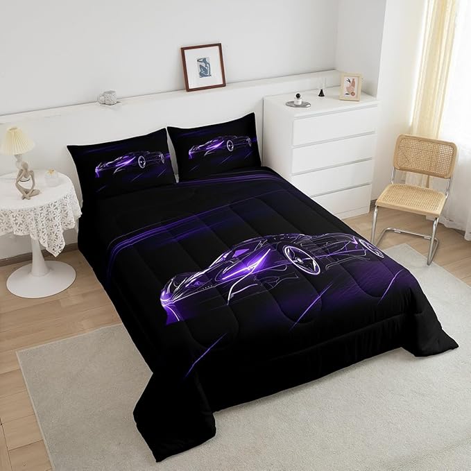 Feelyou Dull Purple Race Car Bedding Set Queen Size for Kids Boys Extreme Sport Games Comforter Set Teens Toddler Fast and Furious Duvet Set Cool Modern Quilt Set 3Pcs