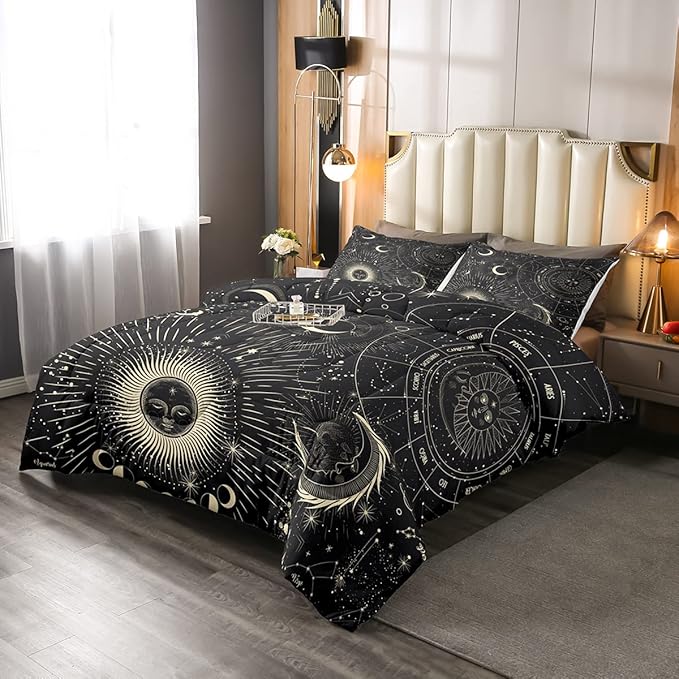 Erosebridal Bohemian Sun Moon Comforter Set Full Size, Constellation Down Comforter, Starry Sky Quilted Duvet, Exotic Style Black Room Decor Duvet Insert,Super Soft Breathable
