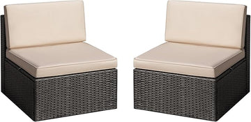 Greesum 2 Piece Patio Conversation Set Wicker Rattan Furniture Outdoor Sofa with Cushions,Pillows and Glass Table for Porch,Lawn and Yard, Beige