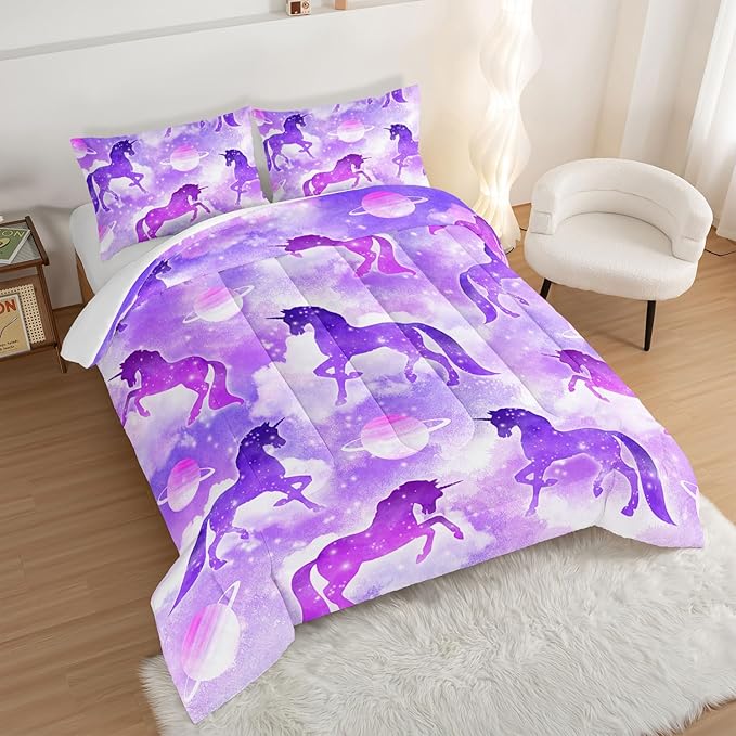 HOSIMA Purple Unicorn Bedding Sets for Girls Kids,3 Piece Soft Microfiber Galaxy Comforter Princess Crib Bedding Set Unicorn Bedroom Decor for Girls Room,Planet Cloud Full Size Bed in a Bag.