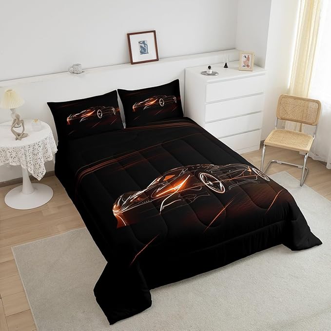 Feelyou Orange Race Car Bedding Set Queen Size for Kids Boys Extreme Sport Games Comforter Set Teens Toddler Fast and Furious Duvet Set Cool Modern Quilt Set 3Pcs