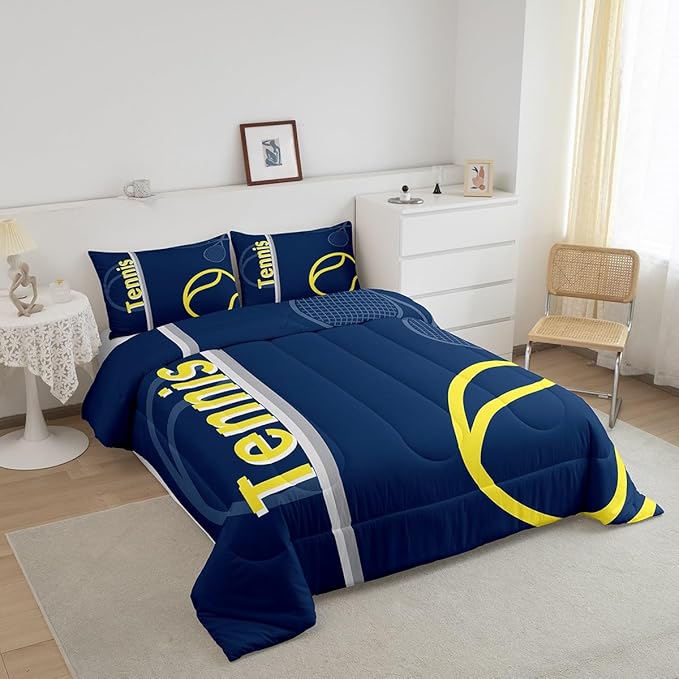 Feelyou Kids Tennis Comforter Set King Size Tennis Sports Bedding Set for Boys Girls Teens Bedroom Decor Tennis Gaming Comforter Blue Yellow Tennis Lovers Duvet Set with 2 Pillow Case