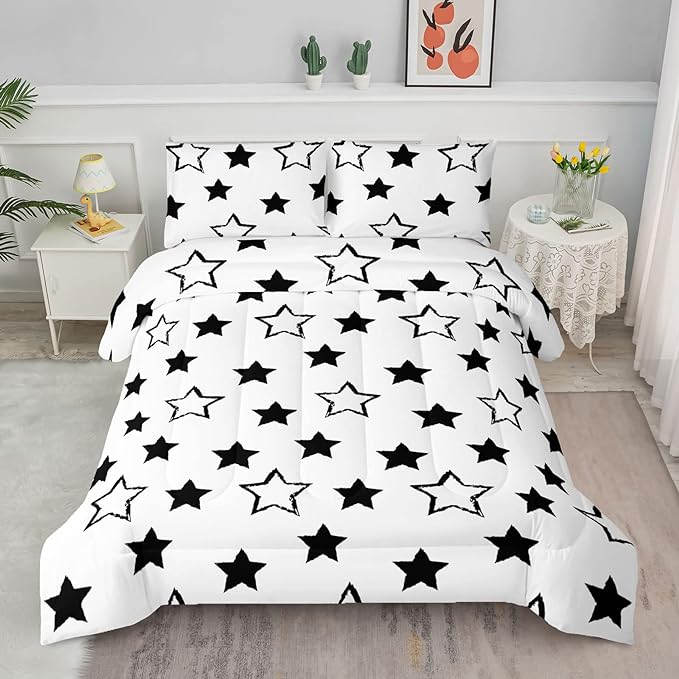 Axolotl Kids Queen Bedding Comforter Set,3Pcs Super Cute Soft Black and White Stars Quilt Set Bed in A Bag with 1 Comforter 2 Pillowcases for Kids Boys Girls Teens Adults Room Decor All Season