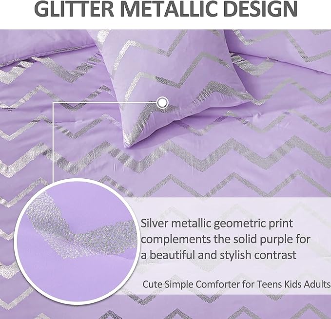 Purple/Silver Comforter Set King, Lavender Metallic Print Glitter Bedding Set Cute Shinny Lilac Bed Sets for Teen Girls Kids Women, 4 Piece (2 Pillowcases, 1 Decorative Pillow Sham)