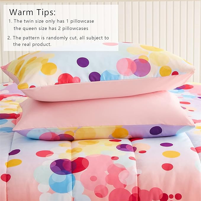 Rainbow Ombre Comforter Set Twin Size for Girls, Colorful Bubbles Polka Dots Comforter for Kids Teen, 2 Piece Orange Pink Purple Blue Gradient Pastel Bedding Set with 1 Pillow Case(Rainbow,Twin)