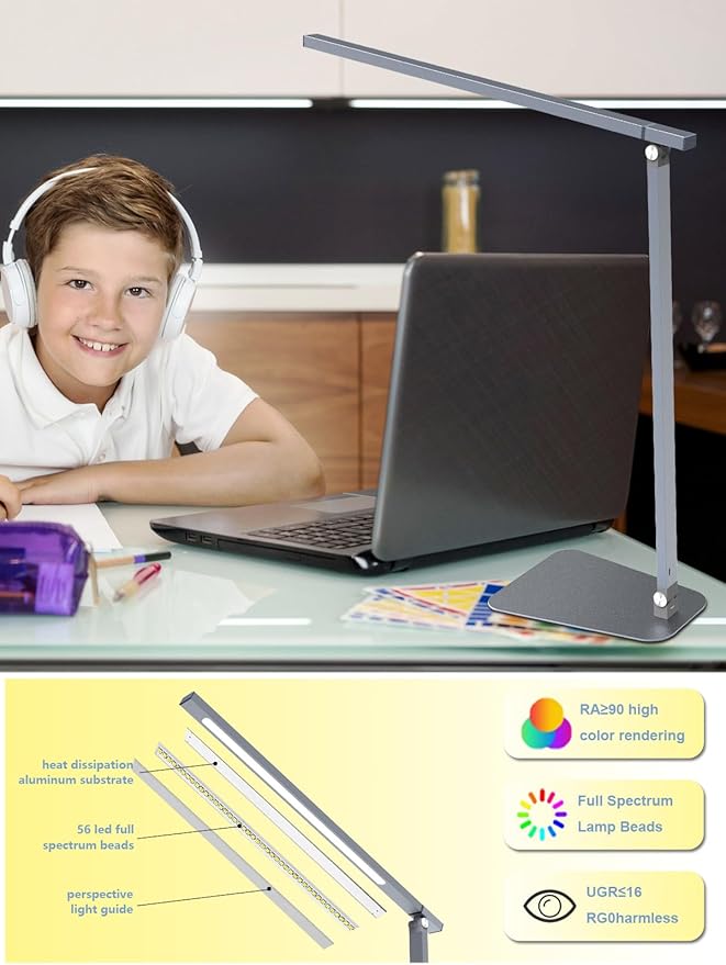 LED Desk Lamp Touch Control Aluminum Alloy Study Table Lamp Dimmable Eye-Caring,Bright Angle Adjustable Timer Portable Desk Light Wired for Home/Office/Dorm Work Reading Light with USB Cable