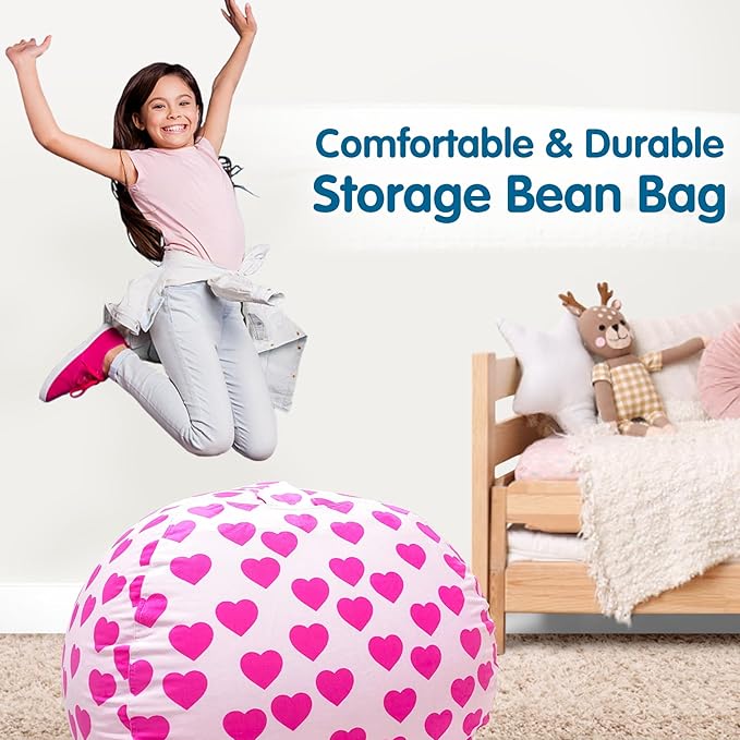 Lukeight Stuffed Animal Storage Bean Bag Chair Cover for Kids, Zipper Beanbag Chair Cover for Organizing Toddler & Kids' Rooms Plush Toys (Heart Velvet, X-Large)