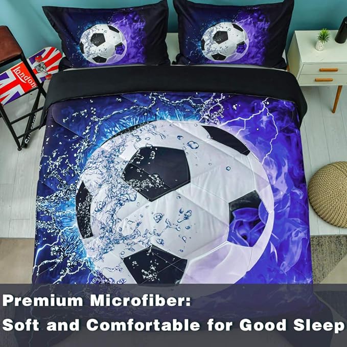 Andency Soccer Comforter Twin(66x90 Inch), 2 Pieces(1 Soccer Comforter, 1 Pillowcase) Blue Flame Soccer Comforter Set Sport Microfiber Bedding Set for Boy Girl Kids, Teen