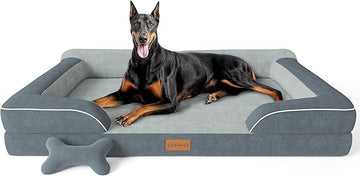 XXL Dog Bed for Extra Large Dogs, Giant Orthopedic Dog Beds with Cooling Gel Memory Foam, Waterproof Pet Bed with Removable Washable Cover, 53" Pet Sofa Bed Velvet with Bone Toy, Dark Gray