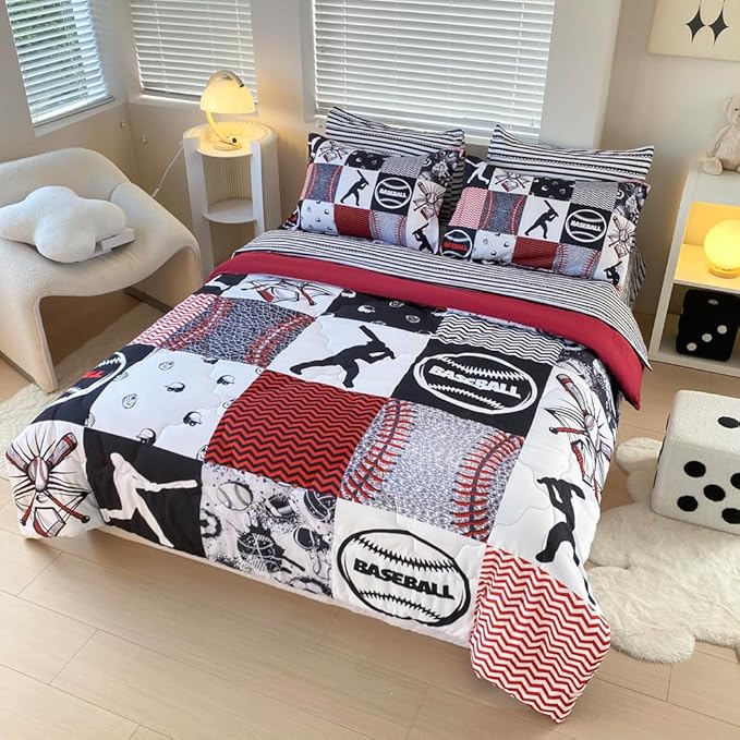 7 Piece Baseball Comforter Set Bed in A Bag Queen Size 3D Softball Sports Bedding Set for Boys Kids Microfiber Comforter All Season (1 Comforter, 1 Flat Sheet, 1 Fitted Sheet, 4 Pillowcase)