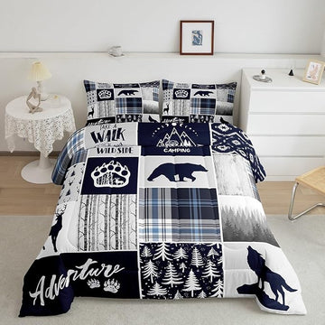Manfei Deer Bear Kids Comforter Set King Size,Wolf Hunting Adventure Rustic Bedding Set for Boys Girls Adults Room Decor,Geometric Plaids Patchwork Down Comforter,Blue Xmas Duvet Insert,2 Pillowcases