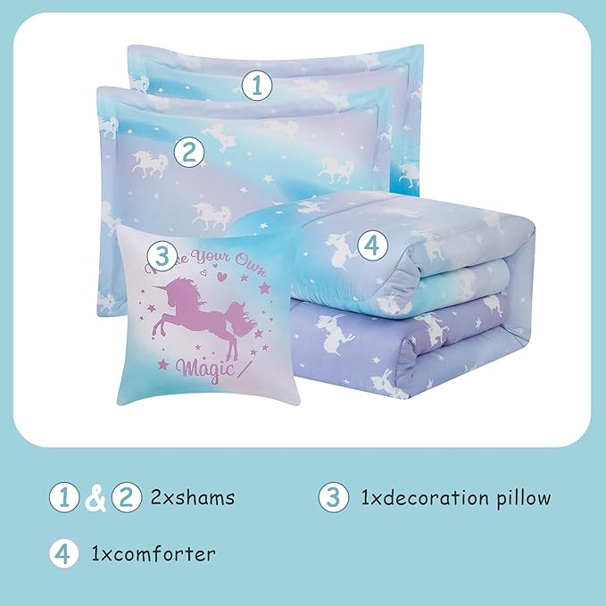 KALEIDOSPACE Kids Full Comforter Sets for Girls, Glow in The Dark Unicorn Full Size Bedding Sets -4 Pieces Lightweight Bed in A Bag