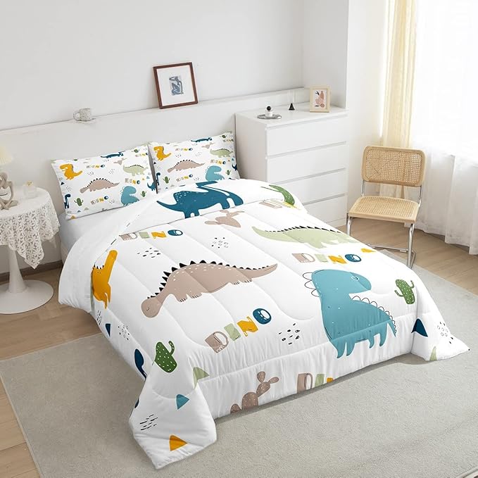 Feelyou Cute Dinosaur Comforter Set Cartoon Cactus Bedding Set Decor Jungle Dino Boho Succulent Comforter Wild Animal Pattern Yellow Grey Duvet Set Bedroom Quilt Set 3Pcs Full