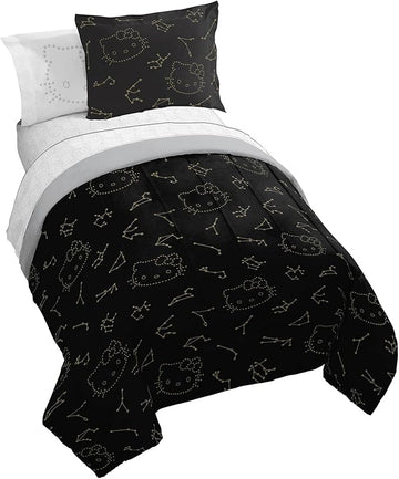 Jay Franco Hello Kitty Stars Full Comforter Set - 7 Piece Bedding includes Sheet Set & Pillow Covers - Super Soft Zodiac Black & Gold Bedding