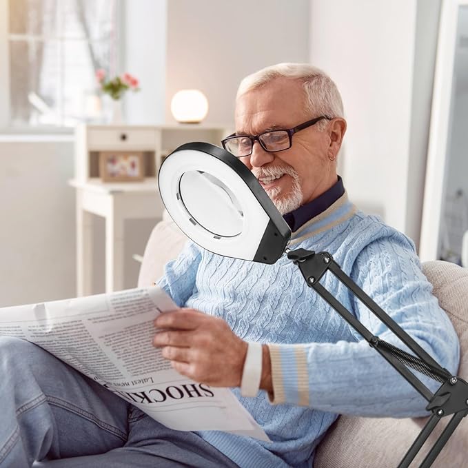Magnifying Glass with Light and Stand & Desk Clamp, 4.2'' 5X Magnifier Lamp, 5-Color Dimmable LED, Swing Arm Magnifying Desk Lamp for Close Work, Crafting, Workbench & Reading - Rectangle Base
