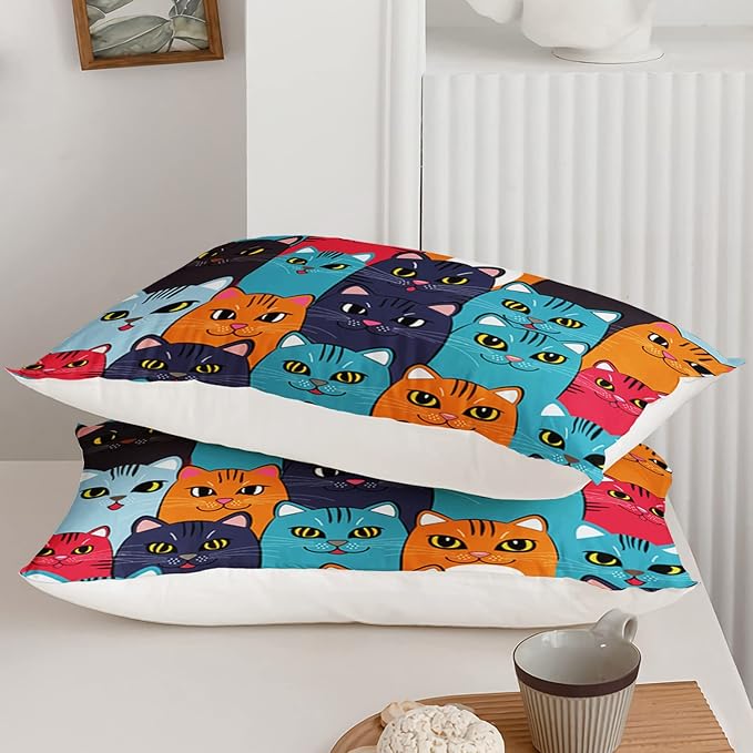 Axolotl Cartoon Cat Comforter Set Kids Bedding Queen Size,Cute Colorful Cat Bedding Set for Kids Boys Girls Adults Teens Room Decor,Kids Comforter Set All Season,1 Comforter 2 Pillow Cases