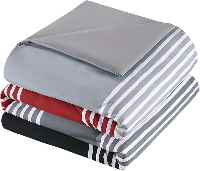 Comfort Spaces Comforter Sets with Sheets - Bed in a Bag 9 Pieces Teen Bedding Sets , Red and Grey Stripes Bedding Full, College Full Bed Set with 2 Side Pockets Bedroom Organizer